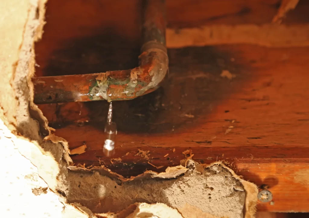 Leaking pipe inside a wall showing early signs of a hidden water leak in a home