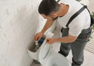 Male plumber repairing a toilet tank in a light-colored bathroom, addressing a constantly running toilet for NWA C&S Plumbing.