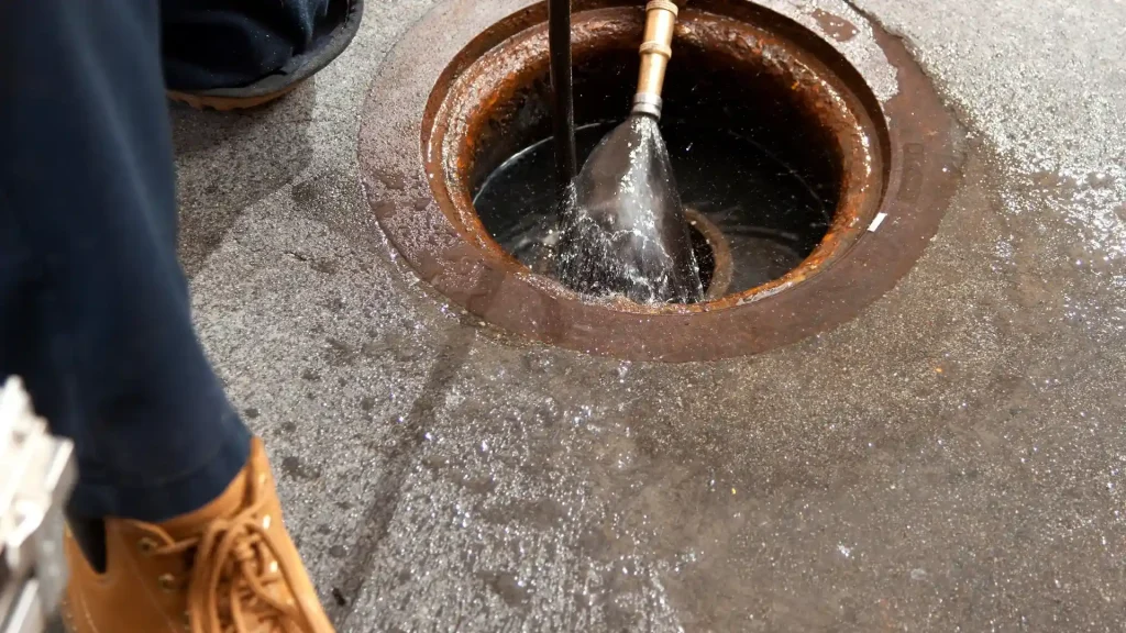 Plumber inspecting clogged sewer pipe