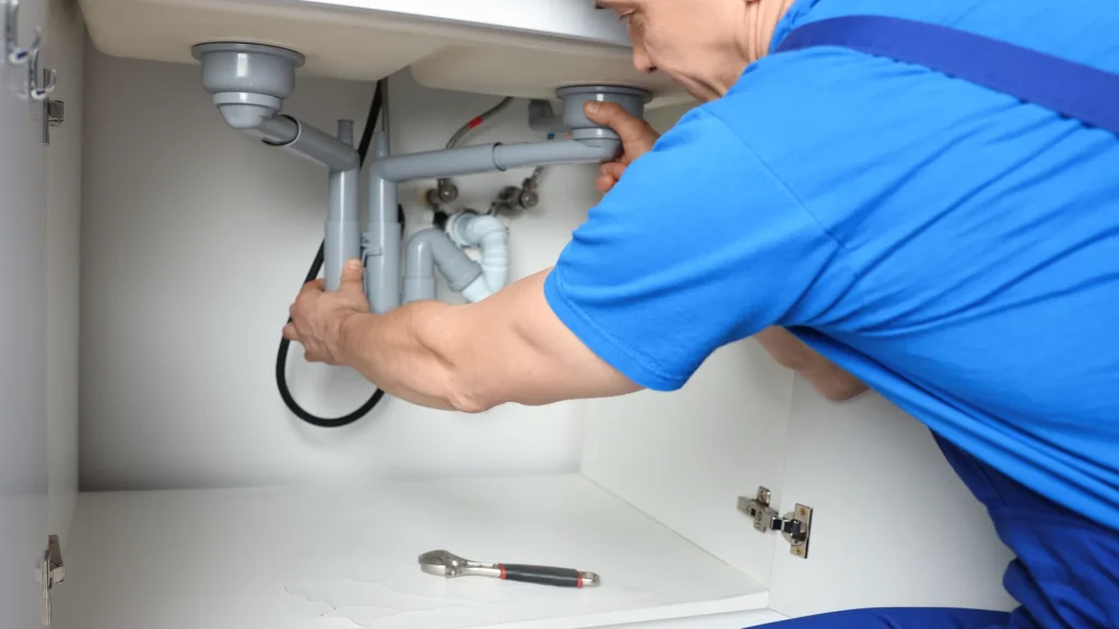Plumber inspecting pipes under kitchen sink