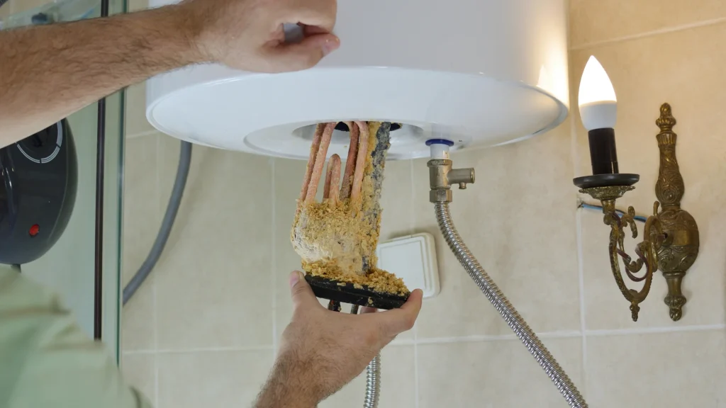 Plumber removing a heavily corroded and mineral-scaled water heater heating element during a water heater replacement in Fayetteville AR