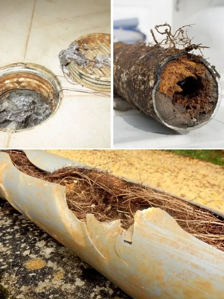 Collage showing sewer line damage from tree root intrusion, pipe corrosion, and grease buildup in Northwest Arkansas homes