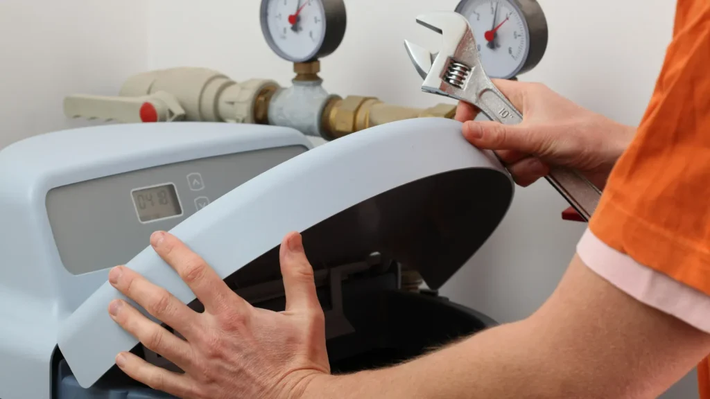 Plumber installing a water softener system for hard water treatment
