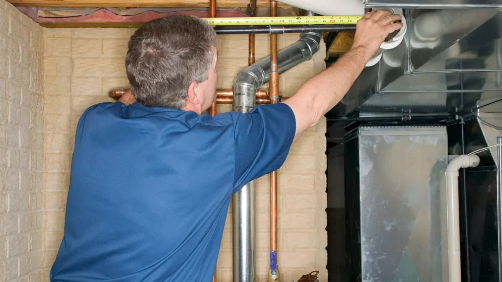 Plumber inspecting old residential water pipes for repiping needs