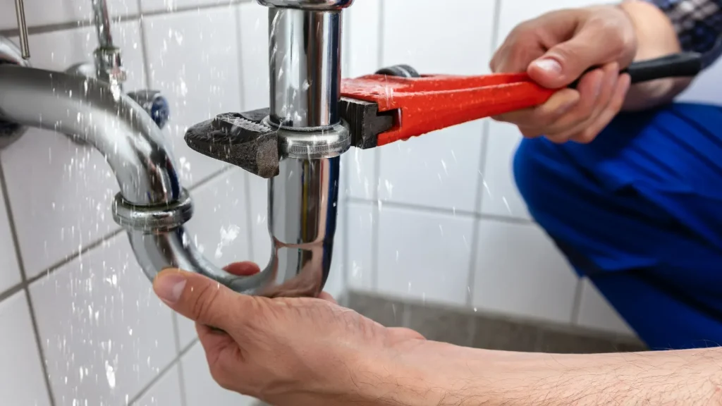 Plumber repairing a leaking pipe after water damage