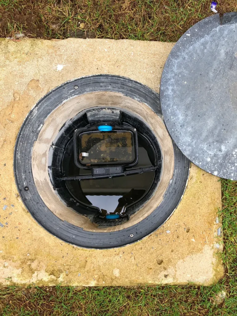 A hole of grease trap with the drain system around the house.