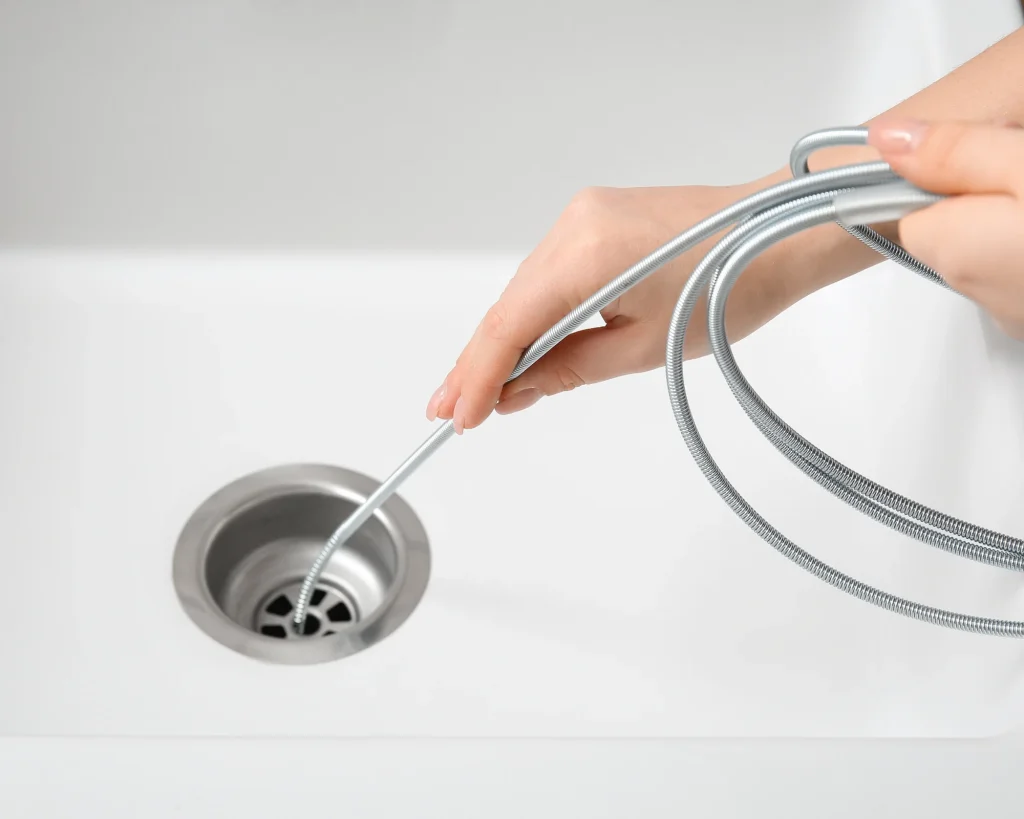 A close-up view of a professional plumbing snake cable being fed into a white porcelain kitchen sink drain to clear a stubborn clog during a drain cleaning service.