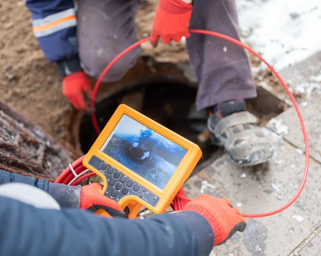 A plumbing technician holding an orange digital monitor showing live video footage from a sewer camera inspection being guided into an open underground drain lines cleanout.