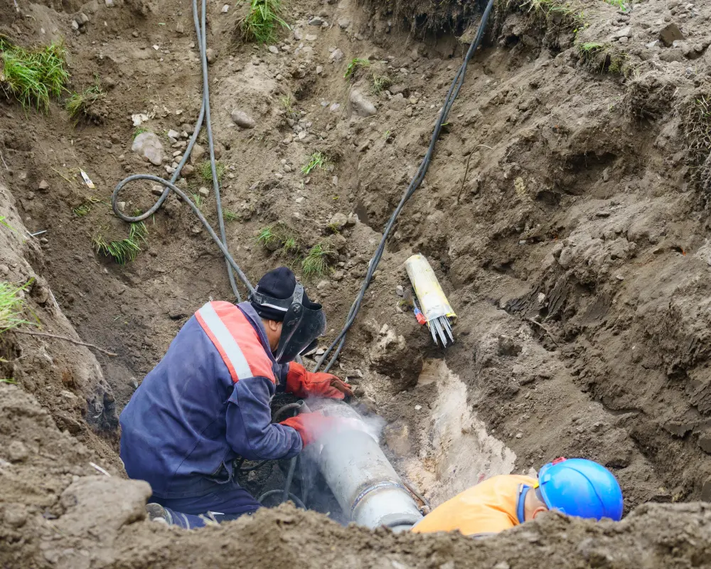 A utility worker wearing a welding mask and protective gloves fixes a broken water main line inside a deep underground excavation trench as part of a comprehensive sewer line repair service.