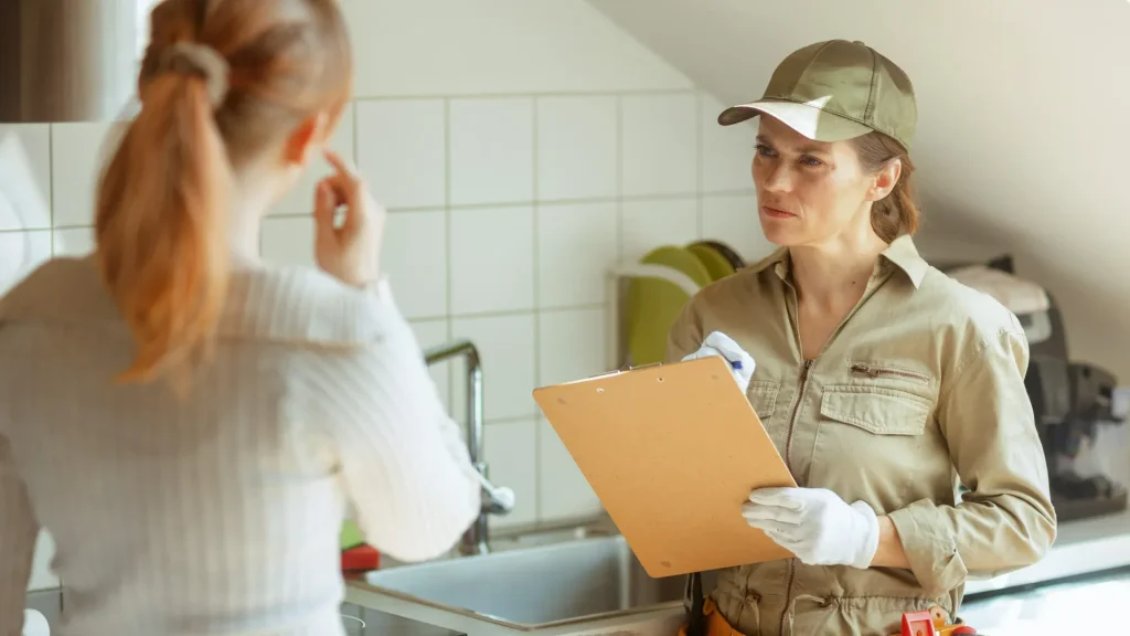 Homeowner discussing plumbing inspection with a plumber