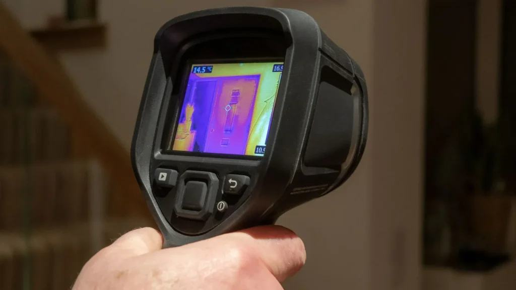 Plumber using a thermal camera to detect plumbing leaks