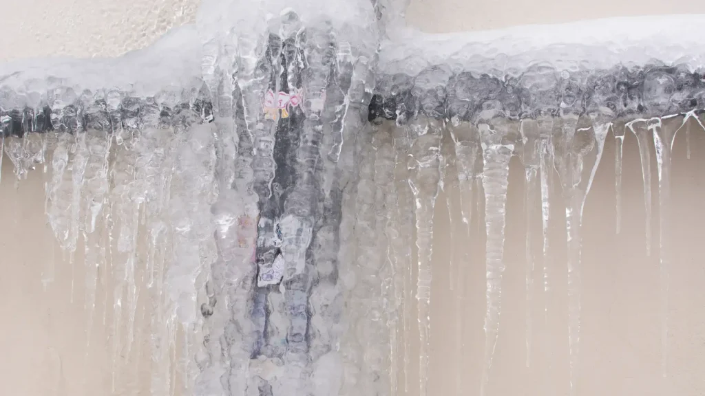 rozen household pipes covered in ice during a winter freeze