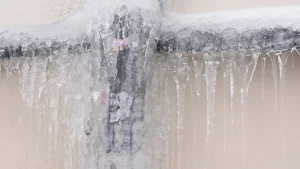 rozen household pipes covered in ice during a winter freeze