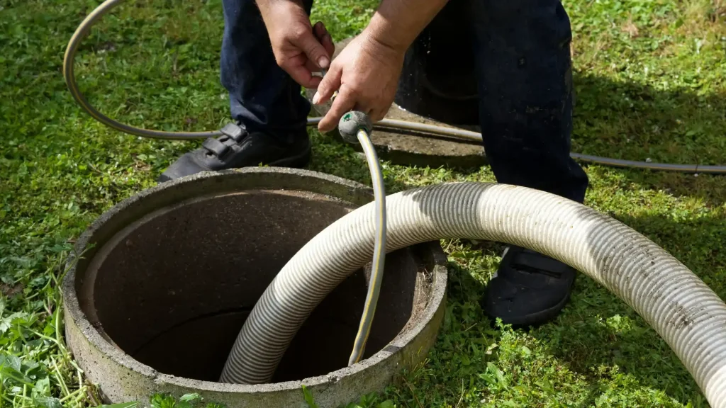 echnician opening and inspecting a home's septic tank