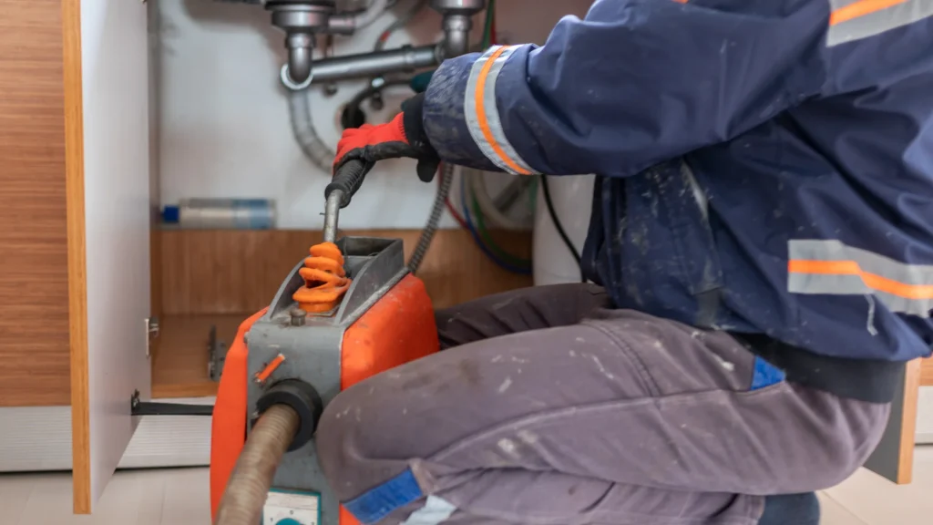 Licensed plumber inspecting residential plumbing beneath a kitchen sink