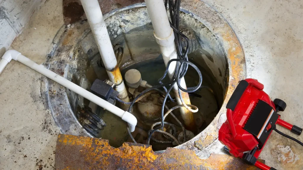 Plumber installing a sump pump in a basement pit