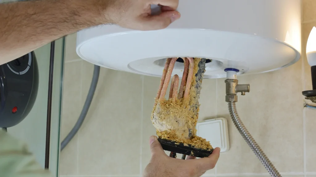 Plumber inspecting a water heater causing sulfur odor