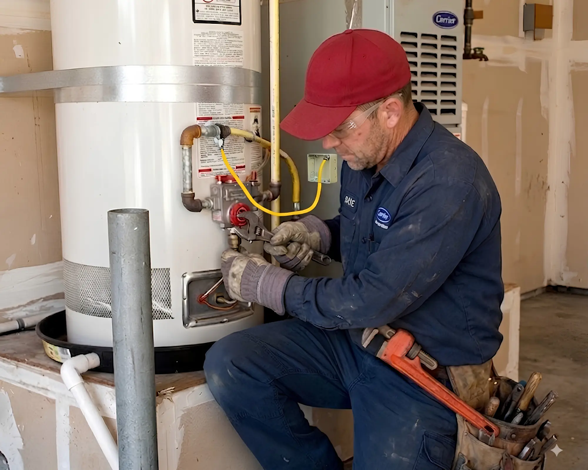 A close-up photograph of a professional plumber wearing a red cap and safety glasses, actively using an adjustable wrench to repair or adjust the gas control valve on a residential tank water heater.
