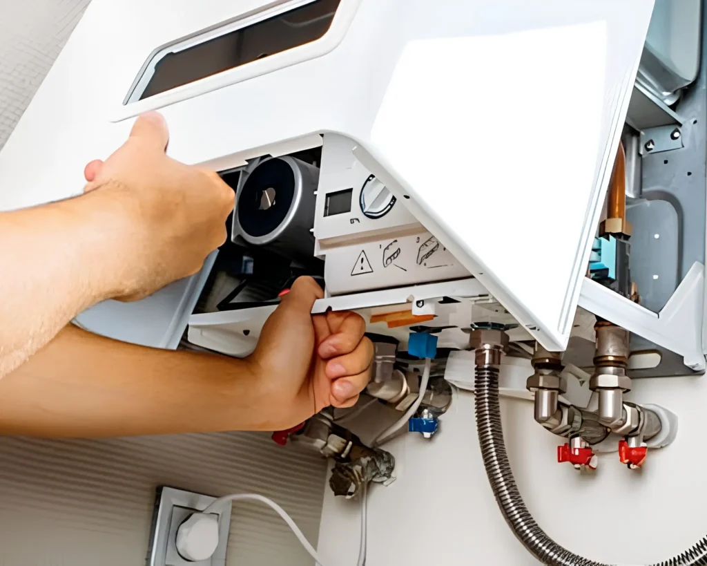 A close up view of a professional technician performing a tankless water heater repair in Rogers AR for a local homeowner.